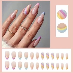 NIB 24pcs Pastel Rainbow Press on Long Nails Set Adhesive Glue Tabs File